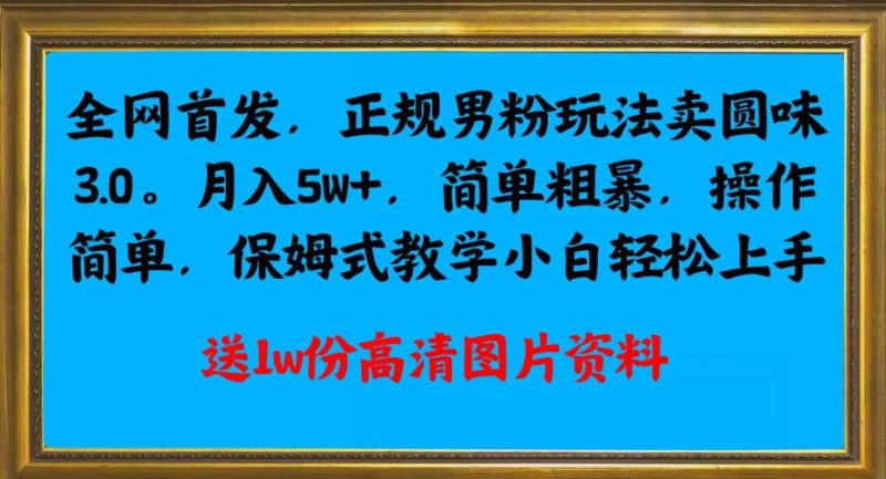 全网首发正规男粉玩法卖圆味3.0，月入5W+，简单粗暴，操作简单，保姆式教学，小白轻松上手网赚项目-副业赚钱-互联网创业-资源整合老八网赚资源