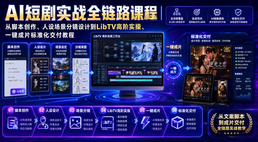 AI短剧实战全链路课程｜从脚本创作、人设场景分镜设计到LibTV高阶实操、一键成片标准化交付教程网赚项目-副业赚钱-互联网创业-资源整合老八网赚资源