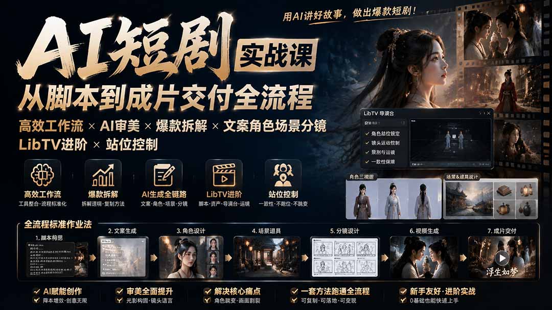 AI短剧实战课：高效工作流×AI审美×爆款拆解×文案角色场景分镜×LibTV进阶×站位控制×从脚本到成片交付全流程网赚项目-副业赚钱-互联网创业-资源整合老八网赚资源
