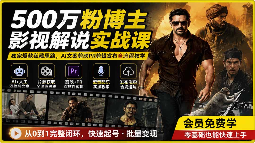 500万粉博主影视解说实战课｜独家爆款私藏思路，AI文案剪映PR剪辑发布全流程教学网赚项目-副业赚钱-互联网创业-资源整合老八网赚资源