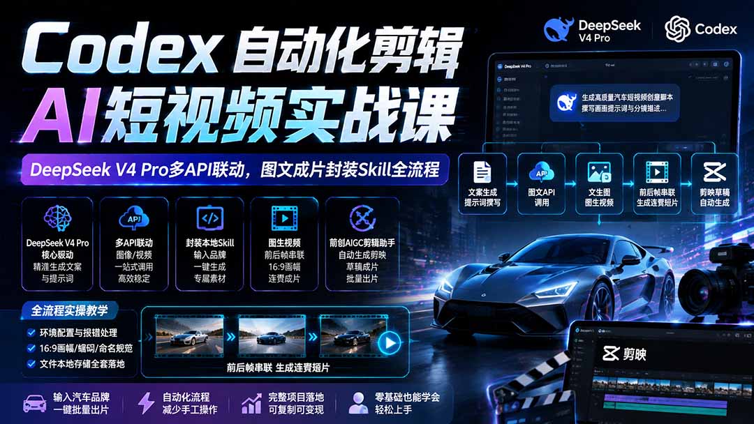 Codex自动化剪辑AI短视频实战课｜DeepSeek V4 Pro多API联动，图文成片封装Skill全流程网赚项目-副业赚钱-互联网创业-资源整合老八网赚资源