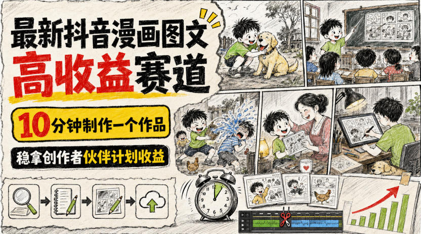 最新抖音漫画图文高收益赛道，10分钟制作一个作品，稳拿创作者伙伴计划收益网赚项目-副业赚钱-互联网创业-资源整合老八网赚资源