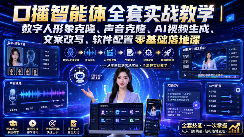 口播智能体全套实战教学｜数字人形象克隆、声音克隆、AI视频生成、文案改写、软件配置零基础落地课网赚项目-副业赚钱-互联网创业-资源整合老八网赚资源