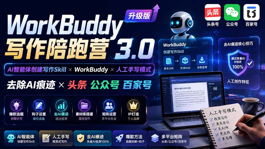 WorkBuddy写作陪跑营3.0-更新：Ai智能体创建写作Skill×WorkBuddy×人工手写模式×去除AI痕迹×头条公众号百家号网赚项目-副业赚钱-互联网创业-资源整合老八网赚资源