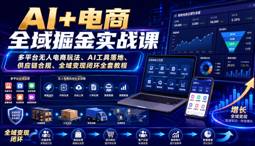 AI+电商全域掘金实战课｜多平台无人电商玩法、AI工具落地、供应链合规、全域变现闭环全套教程网赚项目-副业赚钱-互联网创业-资源整合老八网赚资源