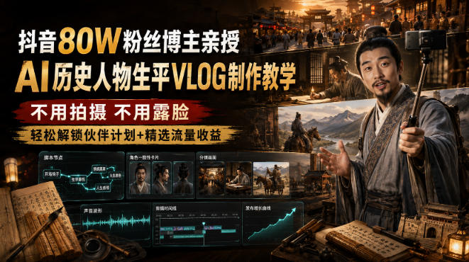 抖音80W粉丝博主的AI历史人物生平VLOG教学，不用拍摄不用露脸，AI帮你搞定，轻松解锁伙伴计划+精选收益网赚项目-副业赚钱-互联网创业-资源整合老八网赚资源