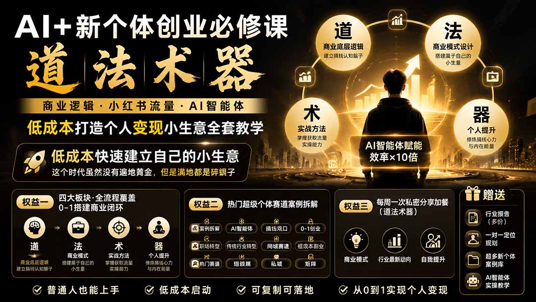 AI+新个体创业必修课｜道法术器｜商业逻辑·小红书流量·AI智能体｜低成本打造个人变现小生意全套教学网赚项目-副业赚钱-互联网创业-资源整合老八网赚资源