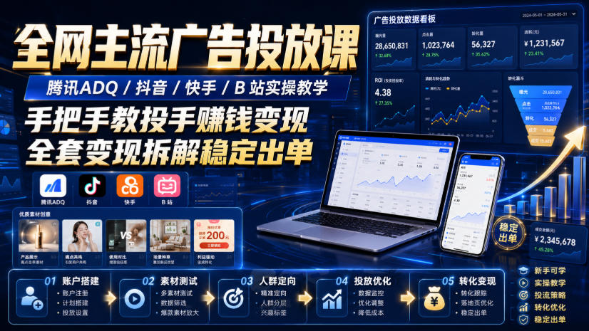 df259a9846042ebee1e5d449ee270c2d.jpeg 全网主流广告投放课,腾讯ADQ / 抖音 / 快手 / B 站实操教学,手把手教投手赚钱变现,全套变现拆解稳定出单