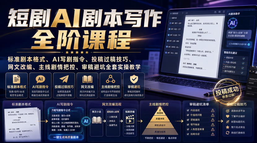 短剧AI剧本写作全阶课程｜标准剧本格式、AI写剧指令、投稿过稿技巧、网文改编、主线剧情把控、审稿避坑全套实操教学网赚项目-副业赚钱-互联网创业-资源整合老八网赚资源