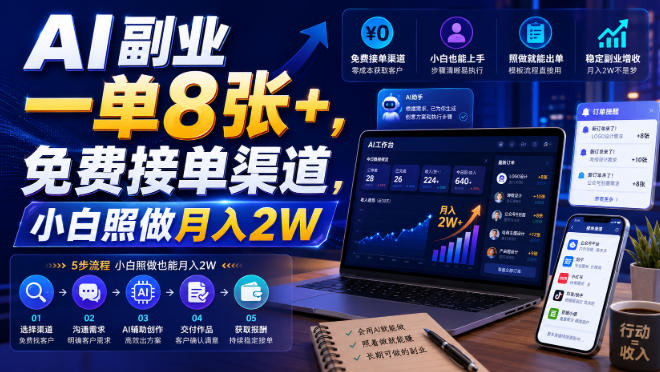 AI副业一单8张+，免费接单渠道，小白照做月入2W【揭秘】网赚项目-副业赚钱-互联网创业-资源整合老八网赚资源