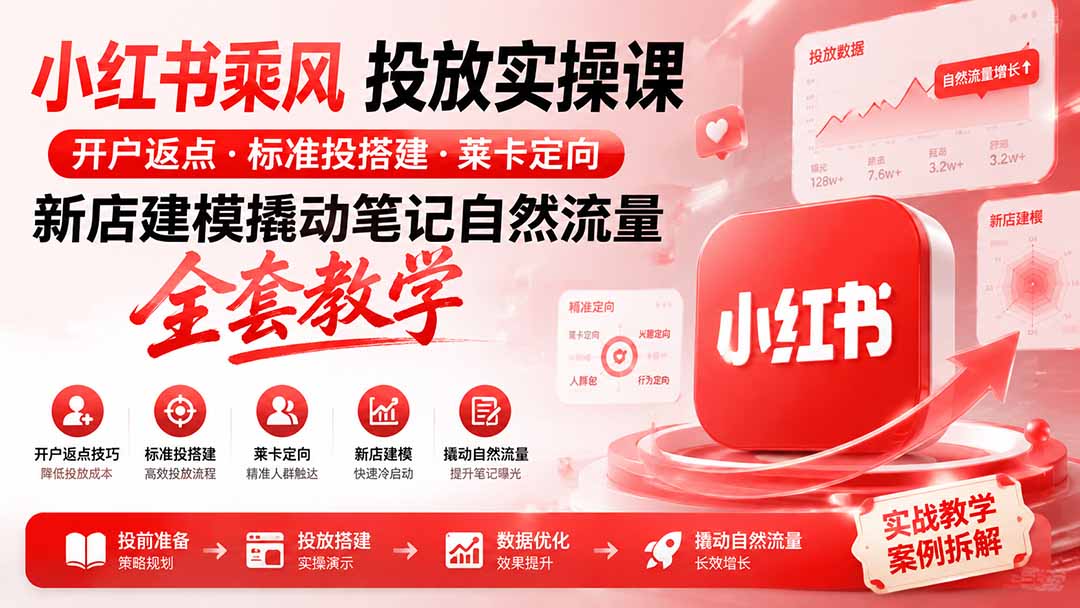 小红书乘风投放-100分钟实操课｜开户返点·标准投搭建·莱卡定向，新店建模撬动笔记自然流量全套教学网赚项目-副业赚钱-互联网创业-资源整合老八网赚资源