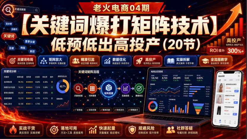 老火电商04期：【关键词爆打矩阵技术】低预低出高投产(20节)网赚项目-副业赚钱-互联网创业-资源整合老八网赚资源