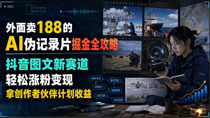 外面卖188的AI伪记录片掘金全攻略，抖音图文新赛道，轻松涨粉变现，拿创作者伙伴计划收益【文档】网赚项目-副业赚钱-互联网创业-资源整合老八网赚资源