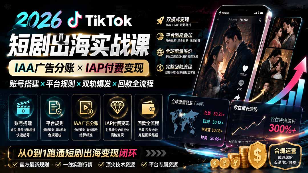 2026TikTok短剧出海实战课：IAA广告分账×IAP付费变现×账号搭建×平台规则×双轨爆发×回款全流程网赚项目-副业赚钱-互联网创业-资源整合老八网赚资源