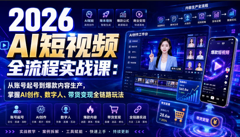 2026 AI短视频全流程实战课：从账号起号到爆款内容生产，掌握AI创作、数字人、带货变现全链路玩法网赚项目-副业赚钱-互联网创业-资源整合老八网赚资源