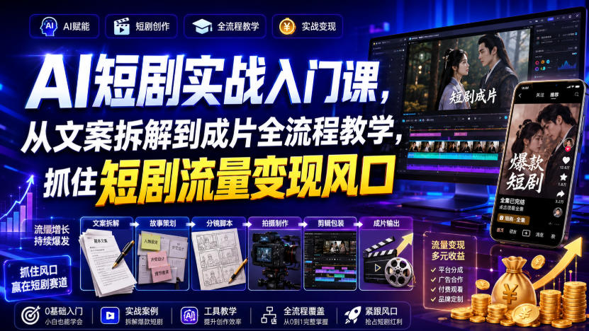 AI短剧实战入门课，从文案拆解到成片全流程教学，抓住短剧流量变现风口网赚项目-副业赚钱-互联网创业-资源整合老八网赚资源