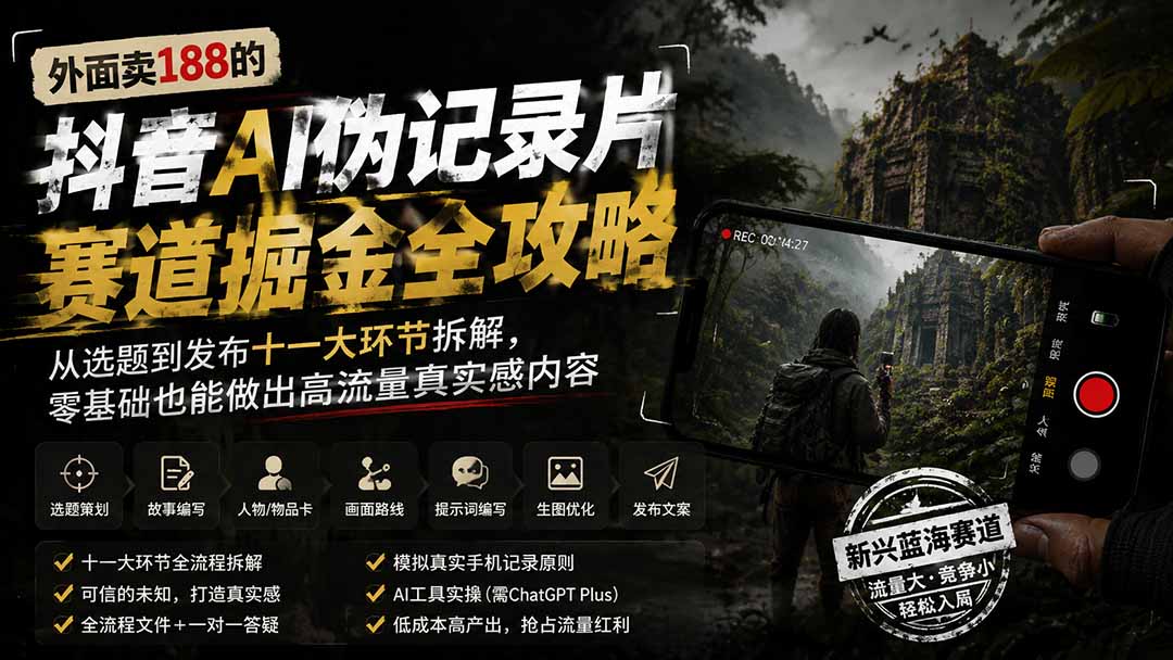 外面卖188的抖音AI伪记录片赛道掘金全攻略；从选题到发布十一大环节拆解，零基础也能做出高流量真实感内容网赚项目-副业赚钱-互联网创业-资源整合老八网赚资源