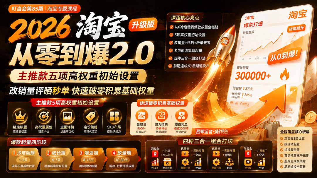 2026淘宝从零到爆2.0第85期；主推款五项高权重初始设置，改销量评晒秒单快速破零积累基础权重网赚项目-副业赚钱-互联网创业-资源整合老八网赚资源