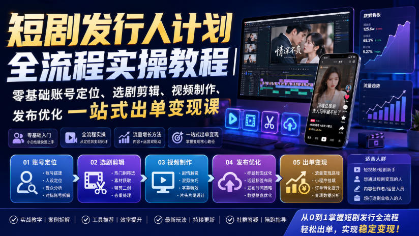 短剧发行人计划全流程实操教程｜零基础账号定位、选剧剪辑、视频制作、发布优化一站式出单变现课​网赚项目-副业赚钱-互联网创业-资源整合老八网赚资源