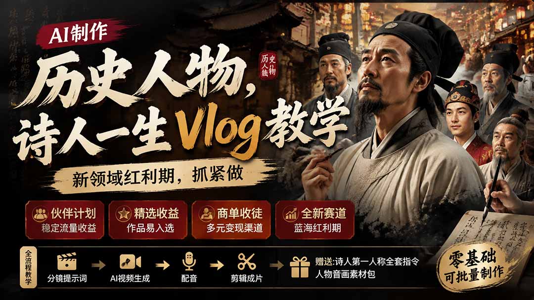 历史人物，诗人一生Vlog教学， AI制作丨伙伴计划丨精选收益丨商单收徒 ，新领域红利期，抓紧做网赚项目-副业赚钱-互联网创业-资源整合老八网赚资源
