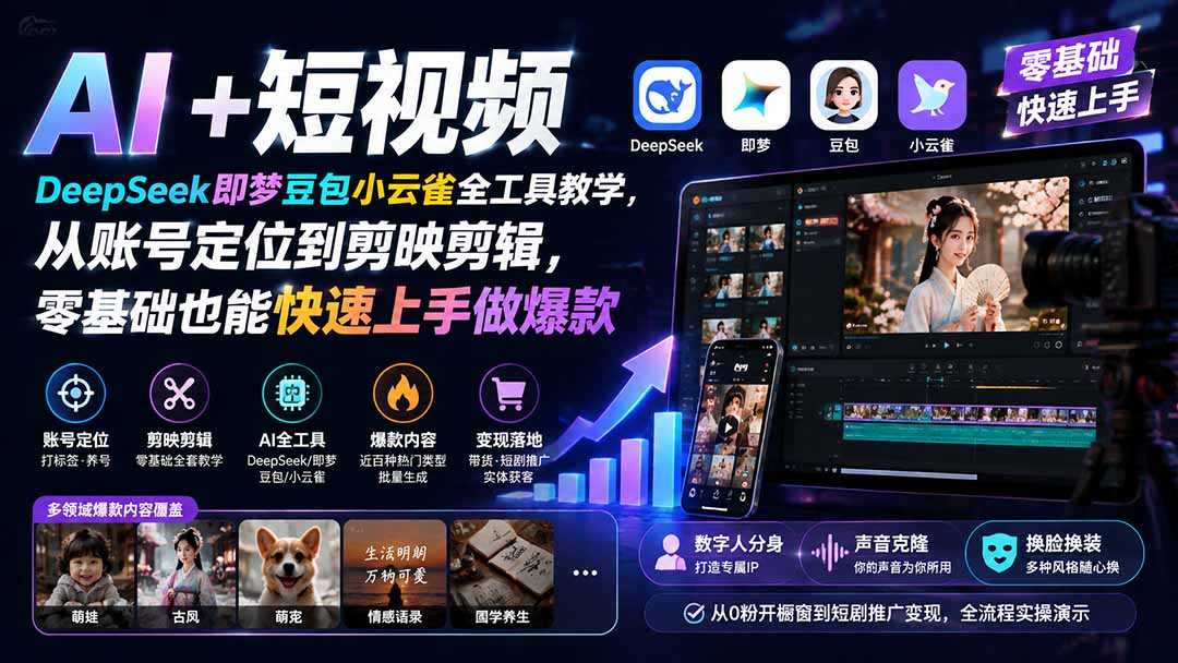 AI+短视频｜DeepSeek即梦豆包小云雀全工具教学，从账号定位到剪映剪辑，零基础也能快速上手做爆款网赚项目-副业赚钱-互联网创业-资源整合老八网赚资源