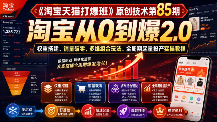 《淘宝天猫打爆班》原创技术第85期,淘宝从0到爆2.0,权重搭建、销量破零、多维组合玩法、全周期起量投产实操教程网赚项目-副业赚钱-互联网创业-资源整合老八网赚资源