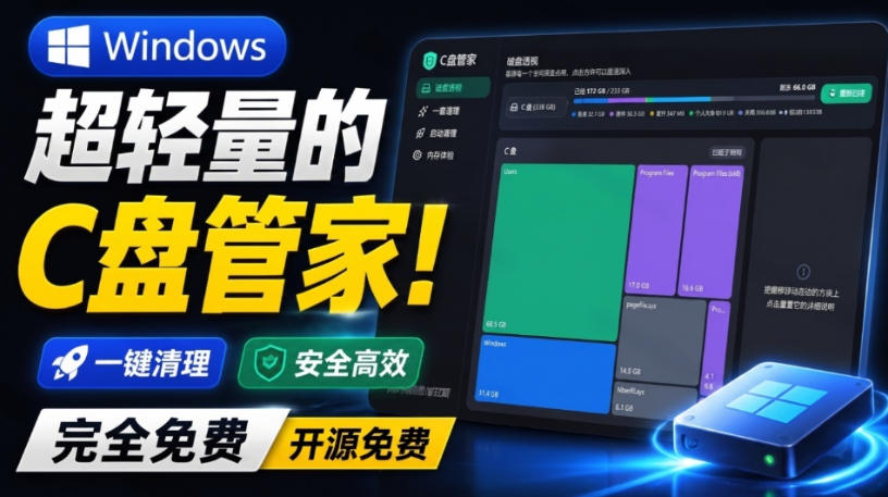 Windows超轻量的C盘管家！超级有特点，支持磁盘分析及清理提醒，2M大小体积，完全免费C盘管家网赚项目-副业赚钱-互联网创业-资源整合老八网赚资源