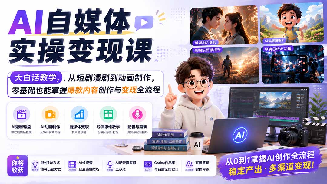 AI自媒体实操变现课｜大白话教学，从短剧漫剧到动画制作，零基础也能掌握爆款内容创作与变现全流程网赚项目-副业赚钱-互联网创业-资源整合老八网赚资源