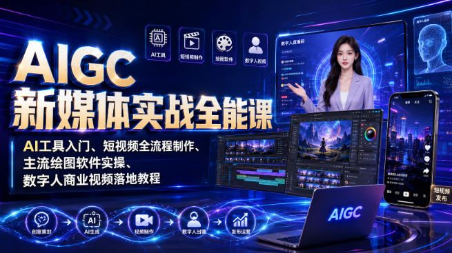 AIGC新媒体实战全能课｜AI工具入门、短视频全流程制作、主流绘图软件实操、数字人商业视频落地教程网赚项目-副业赚钱-互联网创业-资源整合老八网赚资源