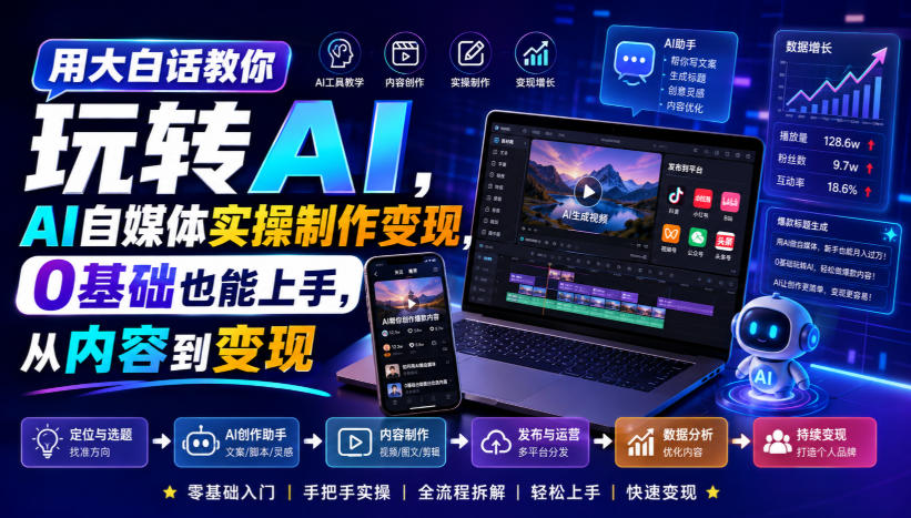 用大白话教你玩转AI，AI自媒体实操制作变现，0基础也能上手，从内容到变现网赚项目-副业赚钱-互联网创业-资源整合老八网赚资源