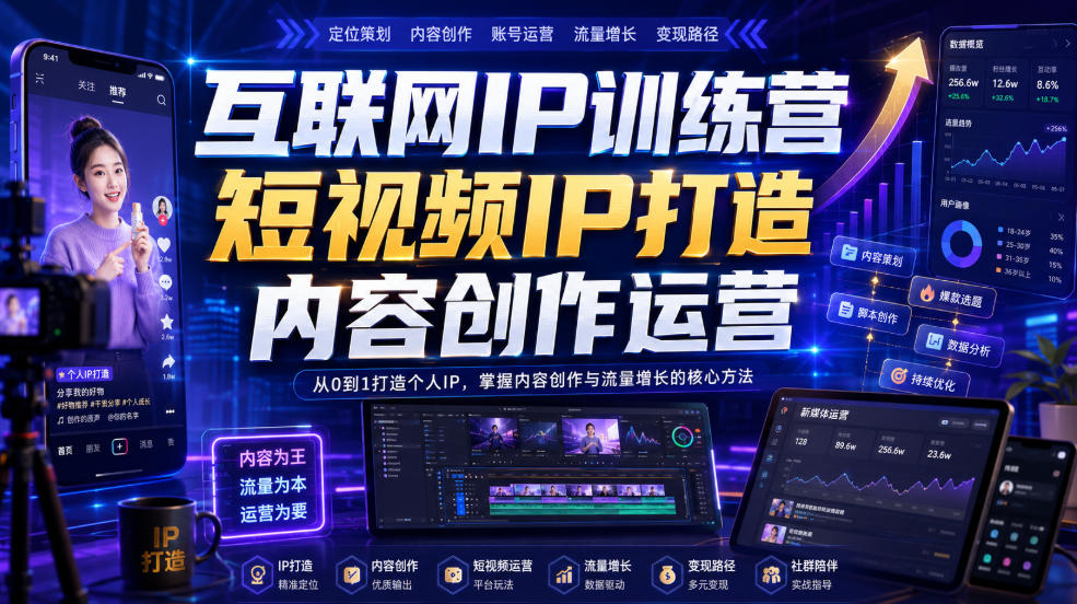 互联网IP训练营，短视频IP打造，内容创作运营网赚项目-副业赚钱-互联网创业-资源整合老八网赚资源