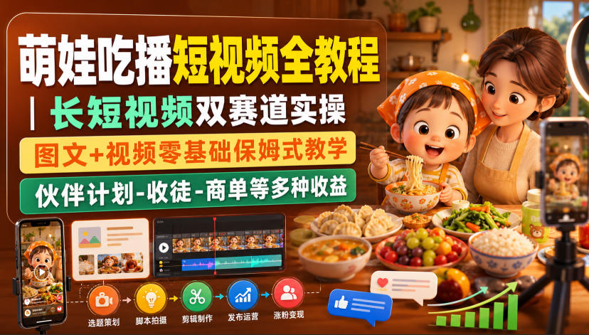 萌娃吃播短视频全教程｜长短视频双赛道实操，图文+视频零基础保姆式教学，伙伴计划-收徒-商单等多种变现方式网赚项目-副业赚钱-互联网创业-资源整合老八网赚资源