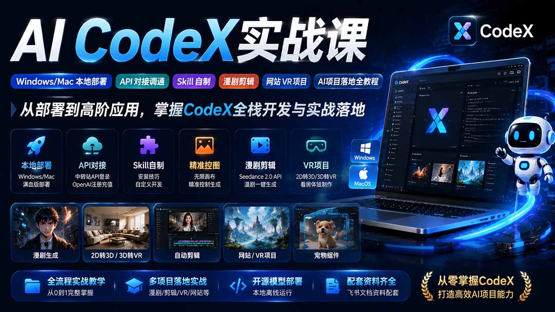 AI  CodeX实战课｜Windows/Mac 本地部署｜API 对接调通｜Skill 自制｜漫剧剪辑｜网站 VR 项目｜AI项目落地全教程网赚项目-副业赚钱-互联网创业-资源整合老八网赚资源