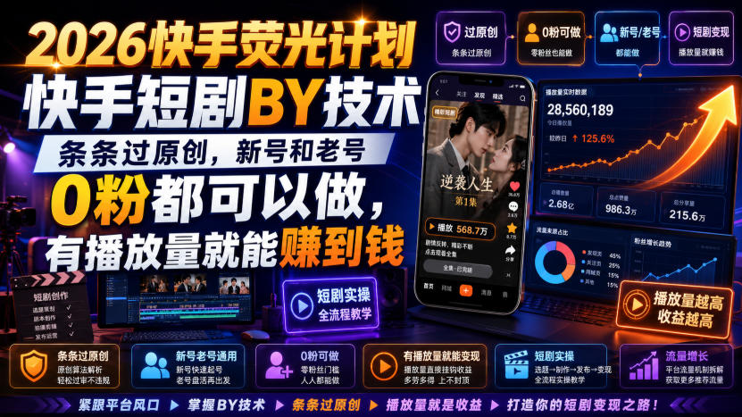 2026快手荧光计划，快手短剧搬运技术，条条过原创，新号和老号0粉都可以做，有播放量就能賺到钱网赚项目-副业赚钱-互联网创业-资源整合老八网赚资源