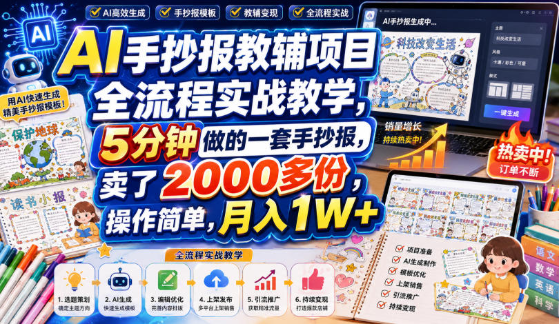 AI手抄报教辅项目全流程实战教学，5分钟做的一套手抄报，卖了2000多份，操作简单，月入1W+网赚项目-副业赚钱-互联网创业-资源整合老八网赚资源