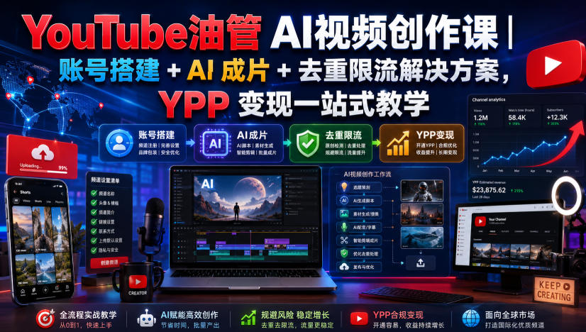 YouTube油管AI视频创作课｜账号搭建+AI成片+去重限流解决方案，YPP变现一站式教学(更新0809)网赚项目-副业赚钱-互联网创业-资源整合老八网赚资源