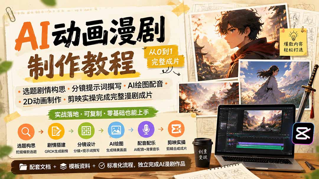 AI动画漫剧制作教程｜选题剧情构思·分镜提示词撰写·AI绘图配音·2D动画制作·剪映实操完成完整漫剧成片网赚项目-副业赚钱-互联网创业-资源整合老八网赚资源
