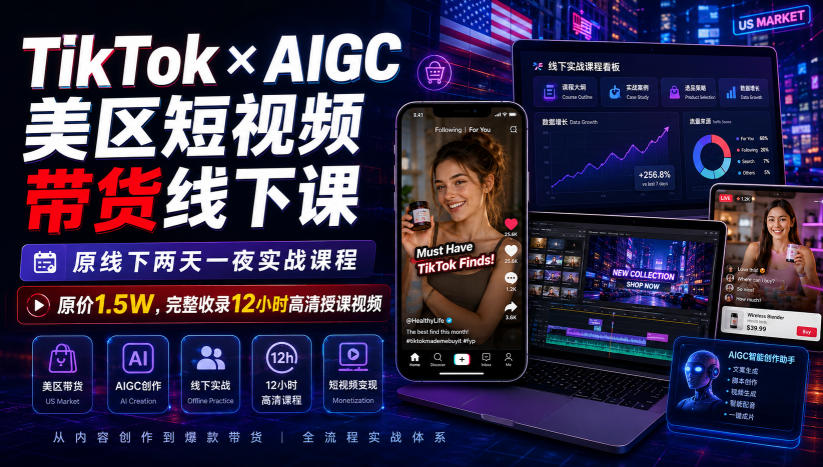 TikTok×AIGC美区短视频带货线下课，原线下两天一夜实战课程，原价1.5W，完整收录12小时高清授课视频网赚项目-副业赚钱-互联网创业-资源整合老八网赚资源