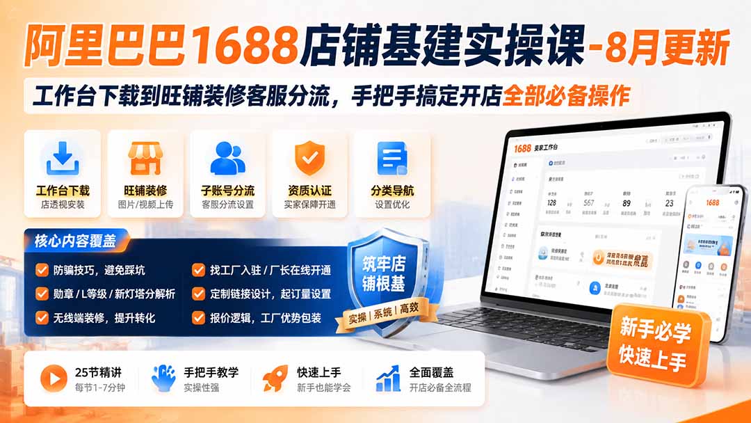 阿里巴巴1688店铺基建实操课-8月更新;工作台下载到旺铺装修客服分流,手把手搞定开店全部必备操作网赚项目-副业赚钱-互联网创业-资源整合老八网赚资源