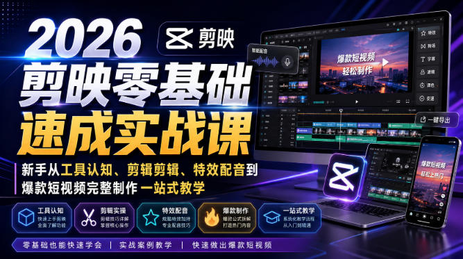 2026剪映零基础速成实战课｜新手从工具认知、剪辑剪辑、特效配音到爆款短视频完整制作一站式教学网赚项目-副业赚钱-互联网创业-资源整合老八网赚资源