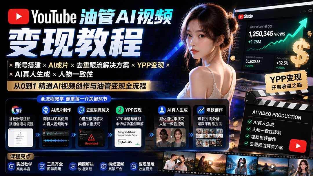 YouTube油管AI视频变现教程-更新:账号搭建×AI成片×去重限流解决方案×YPP变现×AI真人生成×人物一致性网赚项目-副业赚钱-互联网创业-资源整合老八网赚资源