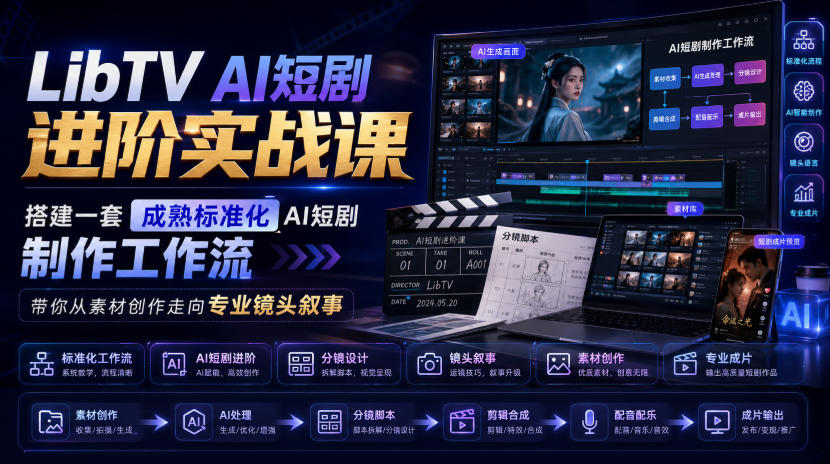 LibTV AI短剧进阶实战课，搭建一套成熟标准化AI短剧制作工作流，带你从素材创作走向专业镜头叙事网赚项目-副业赚钱-互联网创业-资源整合老八网赚资源