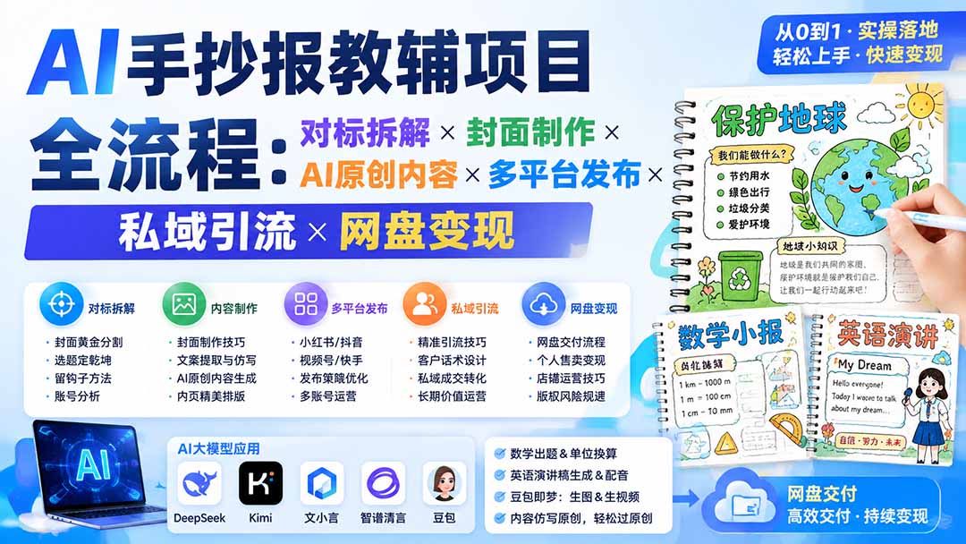 AI手抄报教辅项目全流程：对标拆解×封面制作×AI原创内容×多平台发布×私域引流×网盘变现网赚项目-副业赚钱-互联网创业-资源整合老八网赚资源