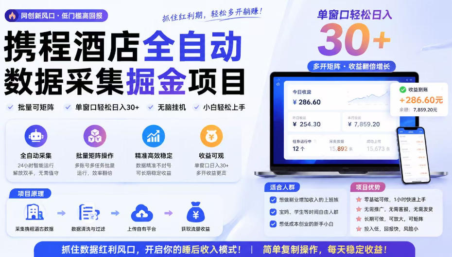 携程酒店采集挂G项目，批量可矩阵，单机轻松日入300+，开启你的睡后收入模式!【揭秘】网赚项目-副业赚钱-互联网创业-资源整合老八网赚资源