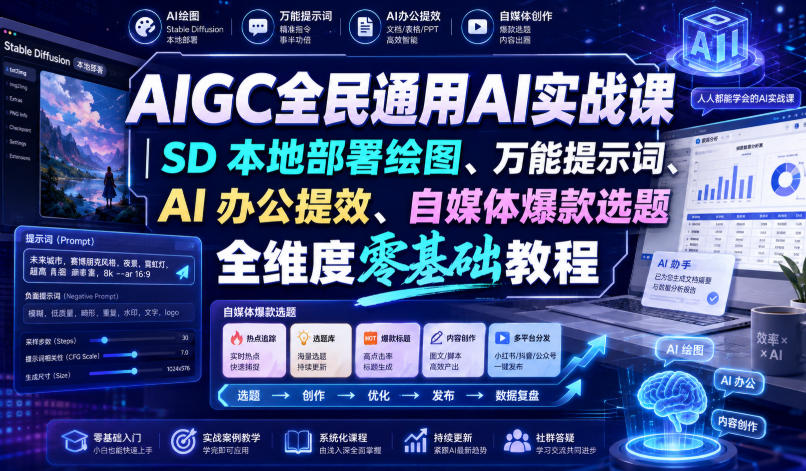 AIGC全民通用AI实战课｜SD本地部署绘图、万能提示词、AI办公提效、自媒体爆款选题全维度零基础教程网赚项目-副业赚钱-互联网创业-资源整合老八网赚资源