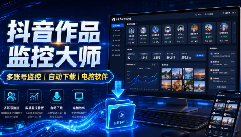 抖音作品监控大师，多账号监控丨自动下载丨电脑软件网赚项目-副业赚钱-互联网创业-资源整合老八网赚资源
