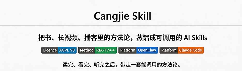 全网走红！GitHub上6.7K Star的开源项目，把任何书、长视频、播客蒸馏成AI工具，值得收藏 cangjie-skill