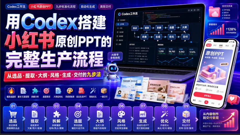 用Codex搭建小红书原创PPT的完整生产流程，从选品·提取·大纲·风格·生成·交付的九步法网赚项目-副业赚钱-互联网创业-资源整合老八网赚资源