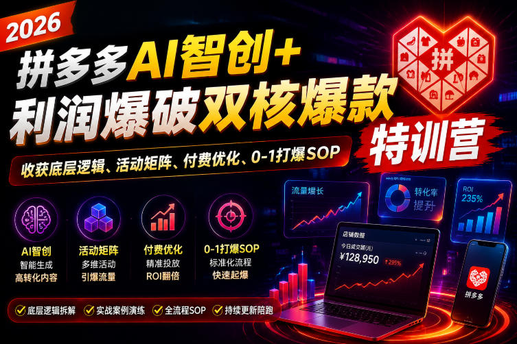 2026拼多多AI智创+利润爆破双核爆款特训营，收获底层逻辑、活动矩阵、付费优化、0-1打爆SOP(更新0810)网赚项目-副业赚钱-互联网创业-资源整合老八网赚资源
