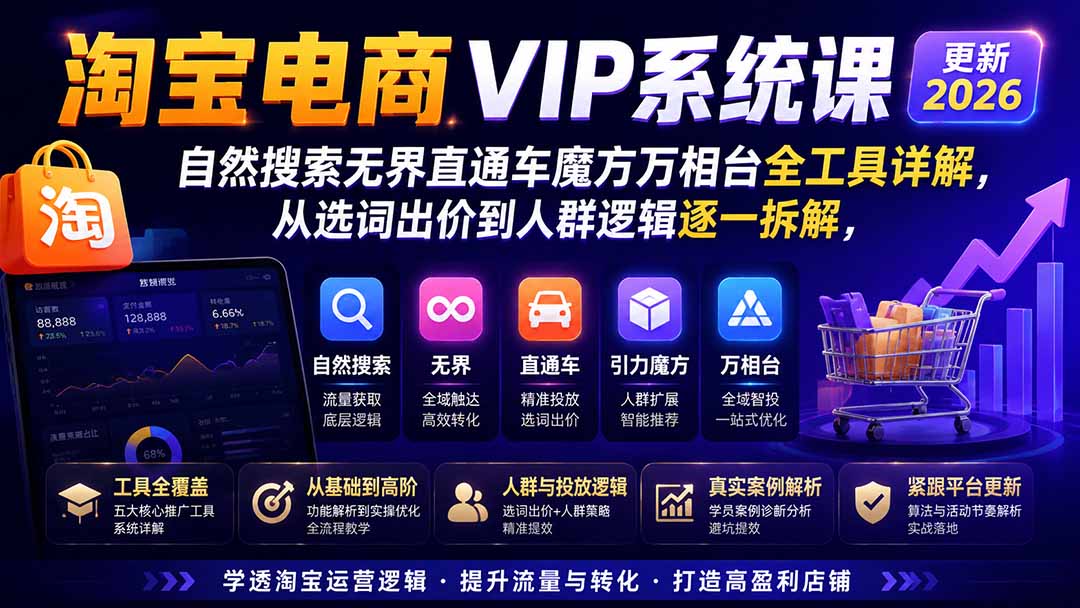 淘宝电商VIP系统课-更新8月；自然搜索无界直通车魔方万相台全工具详解，从选词出价到人群逻辑逐一拆解网赚项目-副业赚钱-互联网创业-资源整合老八网赚资源